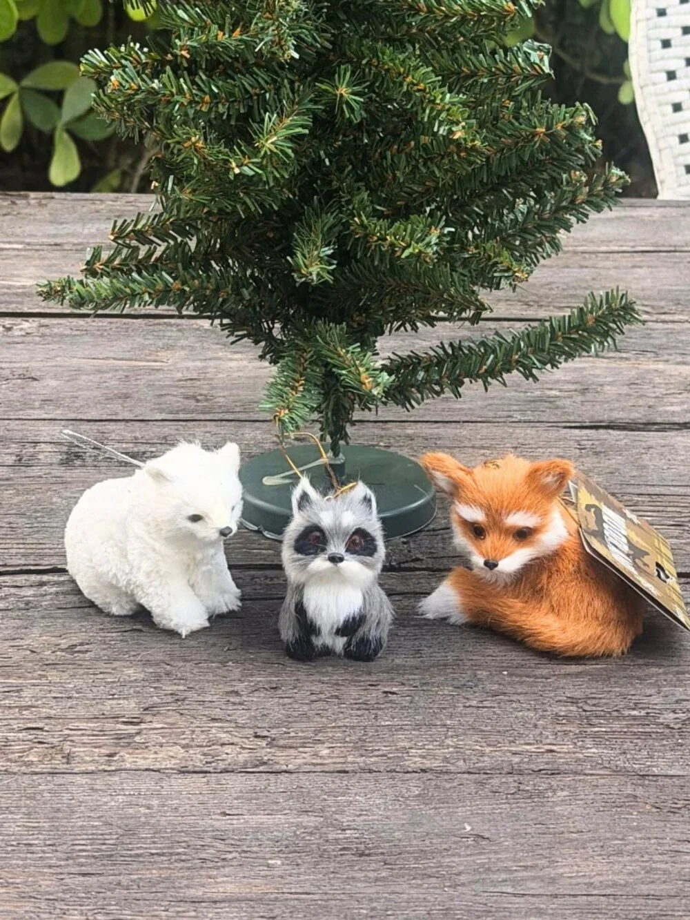Lot of 3 Woodland Animal Faux Fur Christmas Ornaments Red White Fox & Raccoon